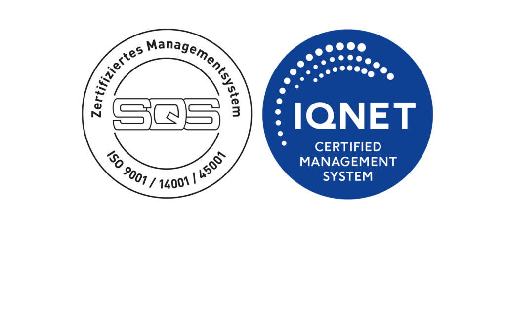 SQS Zertifiziertes Managementsystem ISO 9001/14001/45001 & IQNET Certified Management System.